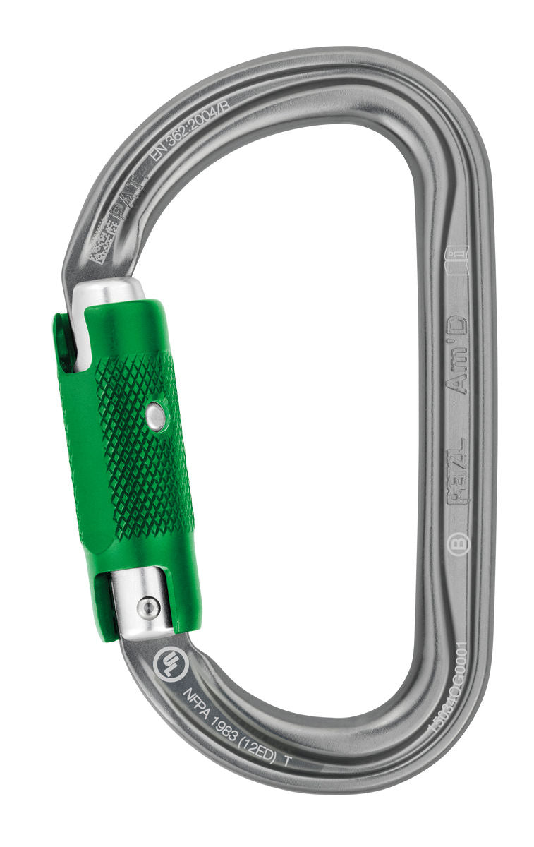 A gray Petzl AM'D Pin-Lock asymmetrical aluminum carabiner with a green PIN-LOCK gate.